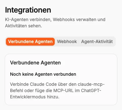 Die Integrationsseite für verbundene Agenten, Webhooks und Agentenaktivität.