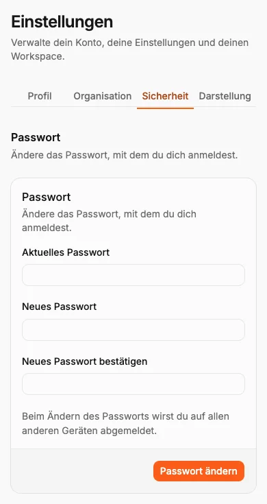 Sicherheitseinstellungen für Passwörter, Passkeys und Zwei-Faktor-Authentifizierung.